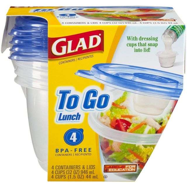Glad To Go Container Lunch Size - With Dressing Cups That Snap Into Lid 4 Ct-FFP-GWTGCL